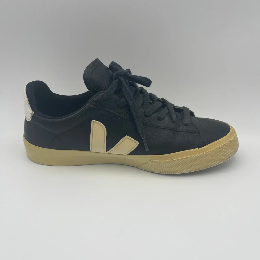 Veja Women 9 Black Leather Campo Sneakers Cream Logo Low Top